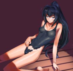  a1_(initial-g) barefoot blue_eyes blue_hair blush breasts cleavage female hayase_mitsuki kimi_ga_nozomu_eien leotard long_hair long_legs looking_at_viewer medium_breasts photoshop_(medium) ponytail sitting solo torn_clothes torn_leotard wariza wooden_floor 