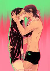  2boys barnaby_brooks_jr highres kaburagi_kotetsu kaburagi_t_kotetsu male male_focus multiple_boys muscle swimsuit tiger_&amp;_bunny topless yaoi 