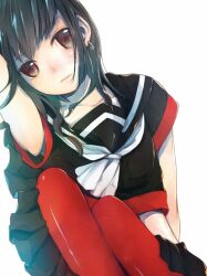  1boy black_hair brown_eyes crossdressing crossdressing earrings frown jewelry koga_norio long_hair narutaru red_legwear school_uniform serafuku skirt solo trap 