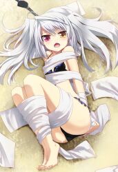  barefoot bikini blush bondage bondage bound commentary_request eyepatch female grey_hair grune heterochromia infinite_stratos laura_bodewig legs long_hair lying open_mouth solo swimsuit twintails unworn_eyepatch 