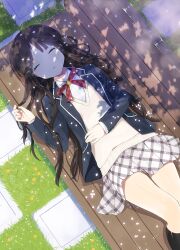  bench black_hair black_socks blazer cherry_blossoms closed_eyes commentary_request dappled_sunlight female grass jacket kneehighs kurasawa_moko lying on_back original photoshop_(medium) pleated_skirt school_uniform skirt sleeping socks solo sunlight vest 