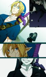  2boys bad_id bad_pixiv_id black_hair blonde_hair blue_eyes dark_link earrings grin horror_(theme) jewelry link male_focus multiple_boys pointy_ears saiba_(henrietta) smile smirk sword the_legend_of_zelda the_legend_of_zelda:_ocarina_of_time water_temple weapon 