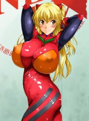  arms_behind_head arms_up bad_id bad_pixiv_id blonde_hair blush bodysuit breasts brown_eyes cosplay covered_nipples female headgear huge_breasts interface_headset kamia_(not_found) long_hair matsuoka_kiyone neon_genesis_evangelion nerv original pilot_suit plugsuit red_bodysuit science_fiction smile solo souryuu_asuka_langley souryuu_asuka_langley_(cosplay) standing 