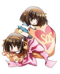  brown_eyes brown_hair chibi commentary_request female hair_ribbon highres kita_high_school_uniform panties pantyshot ribbon sack sakana_chii school_uniform serafuku short_hair striped_clothes striped_panties suzumiya_haruhi suzumiya_haruhi_no_yuuutsu underwear winter_uniform 