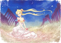  2010 bad_id bad_pixiv_id bare_arms bare_shoulders bead_bracelet beads bishoujo_senshi_sailor_moon blonde_hair bracelet colonnade column crescent crescent_facial_mark crescent_moon double_bun dress facial_mark female floating_hair flower forehead_mark frilled_dress frills hair_bun hair_flower hair_ornament holding holding_flower ian_olympia jewelry long_dress long_hair looking_at_viewer moon neck on_ground parted_bangs pearl_bracelet petals photoshop_(medium) pillar pink_flower pink_rose princess_serenity rose rose_petals ruins sitting sky solo strapless strapless_dress tsukino_usagi twintails very_long_hair white_dress wind 