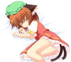  animal_ears bare_legs bloomers blush brown_hair cat_ears cat_tail chen closed_eyes commentary_request earrings female hat highres jewelry lying multiple_tails on_side pila-pela short_hair single_earring sleeping solo tail touhou underwear upskirt 