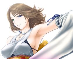  armpits bare_shoulders blue_eyes brown_hair commentary_request detached_sleeves female final_fantasy final_fantasy_x green_eyes hair_ornament heterochromia japanese_clothes jewelry necklace obi outstretched_arm sash short_hair simple_background solo st.germain-sal yuna_(ff10) 