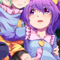  2girls blush commentary_request frills green_hair head_hold head_out_of_frame heart hug hug_from_behind komeiji_koishi komeiji_satori lowres monopollyan multiple_girls open_mouth purple_eyes short_hair siblings sisters smile third_eye touhou 