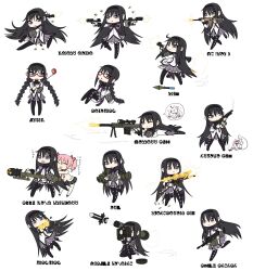  2girls akemi_homura akemi_homura_(magical_girl) anger_vein anti-materiel_rifle at4 barrett_m82 bipod black_hair braid casing_ejection chibi cocking_gun commentary_request desert_eagle dual_wielding fgm-148_javelin firing glasses golf_club gun gunkata hairband handgun highres holding homu jon_henry_nam kaname_madoka kyuubee left-handed light_machine_gun long_hair looking_through_scope m-388_davy_crockett m249 machine_gun madoka_runes magical_girl mahou_shoujo_madoka_magica mahou_shoujo_madoka_magica_(anime) move_chart multiple_girls muzzle_flash pantyhose red-framed_eyewear rifle rocket_launcher rpg-7 rpg_(weapon) scope shell_casing shotgun smoke smoking_barrel sniper_rifle translated twin_braids weapon 