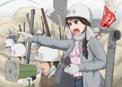  6+boys bad_id bad_pixiv_id banner belt black_hair braid buckle commentary_request dust female flag flyer gakusei_undou gavinekov glasses gloves hair_over_shoulder hard_hat helmet industrial_pipe lead_pipe log long_hair mask megaphone multiple_boys open_mouth original outdoors pink_shirt pointing red_eyes shirt shouting smoking_pipe standing translation_request unworn_eyewear 