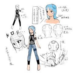  &gt;_&lt; armband barefoot blue_hair blush_stickers closed_eyes commentary_request denim female hakan&#039;s_daughters highres jeans leotard multiple_views oiled pants reference_sheet short_hair sleeveless sliding street_fighter street_fighter_iv_(series) teenage translation_request yatanokagami 