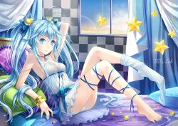  armpits barefoot bow commentary_request denpa_onna_to_seishun_otoko feet female hairbow long_legs nail_polish photoshop_(medium) sock_dangle sock_pull solo tidsean toenail_polish toenails touwa_erio twintails 