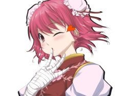  :o bandages bun_cover chestnut_mouth commentary_request double_bun female finger_to_mouth flower hair_bun hands heart ibaraki_kasen one_eye_closed pink_eyes pink_flower pink_hair pink_rose rose short_hair simple_background solo toron_(mino106) touhou upper_body 