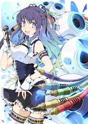  aka_ringo audio_jack blue_eyes cable commentary_request corset female fingerless_gloves frills gloves gradient_hair hair_ornament long_hair microphone multicolored_hair open_mouth original purple_hair smile solo thighhighs 