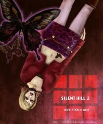  asia_airport blonde_hair butterfly choker closed_eyes female maria_(silent_hill) midriff miniskirt pantyhose short_hair silent_hill silent_hill_2 skirt solo tattoo 