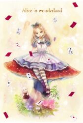  alice_(alice_in_wonderland) alice_in_wonderland apron blonde_hair blue_eyes bow card commentary_request dress female floating_card flower grass hairbow long_hair mary_janes miya_(akatabi_dante) mushroom pantyhose pink_flower pink_rose playing_card pocket_watch rabbit rose shoes sitting smile solo_focus striped_clothes striped_pantyhose watch white_rabbit_(alice_in_wonderland) 