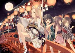  6+girls animal_ears bare_shoulders black_hair blonde_hair bridge brown_eyes brown_hair commentary_request detached_sleeves folding_fan fox_ears fox_tail full_moon green_eyes hand_fan highres japanese_clothes kimono lantern leaf long_hair moon multiple_girls obi okobo open_mouth original outdoors paper_lantern red_eyes sandals sash short_hair short_kimono short_twintails sitting sky smile star_(sky) starry_sky tabi tail twintails u_jie yagasuri yukata 