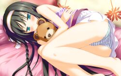  aqua_eyes bad_link bed black_hair blush braid feet_out_of_frame female fetal_position hairband highres hug irotoridori_no_sekai kisaragi_mio_(irotoridori_no_sekai) lying panties pantyshot shida_kazuhiro solo striped_clothes striped_panties stuffed_animal stuffed_toy teddy_bear underwear 