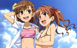  2girls bikini blush bow brown_eyes brown_hair cloud cloudy_sky cropped day flower hair_flower hair_intakes hair_ornament hairbow highres locked_arms long_hair looking_at_another micro_bikini misaka_mikoto multiple_girls official_art open_clothes open_mouth open_shirt shirai_kuroko short_hair short_sleeves sky swimsuit teeth toaru_kagaku_no_railgun toaru_majutsu_no_index twintails upper_body yamada_kaori yellow_bikini yuri 