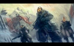  3boys coat commentary english_commentary gloves gun helghast helmet killzone letterboxed multiple_boys snow victor_fedotov weapon 