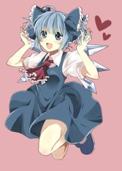  ahoge alternate_hairstyle ascot bad_id bad_pixiv_id blue_bow blue_dress blue_eyes blue_hair blush bow cirno dress female hairbow hand_in_own_hair heart highres jumping mitsu_yomogi oerba_yun_fang open_mouth short_hair simple_background smile solo touhou twintails wings 