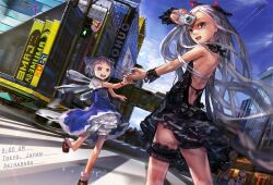  4girls aircraft airplane akihabara_(tokyo) audi audi_r8 backless_dress backless_outfit bare_back bare_shoulders black_panties blue_hair camera cirno commentary contemporary contrail dan_evan day dress dutch_angle english_commentary garter_belt grey_hair happy highres holding_hands ice ice_wings izayoi_sakuya long_hair looking_back motion_blur multiple_girls open_mouth original panties pantyshot photoshop_(medium) product_placement remilia_scarlet road short_hair skirt smile sparkle street tokyo_(city) touhou underwear vanishing_point wings 