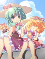  2girls ^_^ alternate_headwear blonde_hair blue_sky bow closed_eyes cloud commentary_request day eating food food_on_face frills front_ponytail green_eyes green_hair hairbow handkerchief hat ice_cream_cone kagiyama_hina medicine_melancholy midriff multiple_girls nullpooo open_mouth ribbon shirt sitting skirt sky smile su-san sun tongue tongue_out touhou 