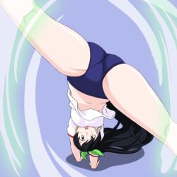  black_hair blue_buruma buruma capoeira commentary_request earrings female ganaha_hibiki gym_uniform handstand hoop_earrings idolmaster idolmaster_(classic) jewelry long_hair midriff photoshop_(medium) solo toshifumi upshirt upside-down 