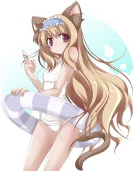  animal_ears bad_id bad_pixiv_id blonde_hair cat_ears cat_tail female hairband innertube long_hair one-piece_swimsuit original purple_eyes school_swimsuit solo swim_ring swimsuit tail twirling_hair very_long_hair white_one-piece_swimsuit yumesato_makura 