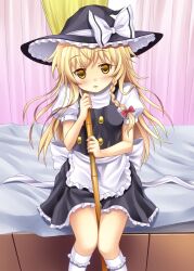  bad_id bad_pixiv_id bamboo_broom bed between_thighs black_dress blonde_hair blush braid broom dress female hair_ribbon hat highres kirisame_marisa long_hair open_mouth rasahan ribbon sitting solo touhou witch witch_hat yellow_eyes 