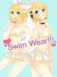  2girls bad_id bad_pixiv_id bikini bikini_skirt blonde_hair blue_eyes blush bow flat_chest hairbow headphones highres kagamine_rin kagamine_rin_(append) kawahara_chisato locked_arms multiple_girls multiple_persona project_diva project_diva_(series) swimsuit swimwear_(module) vocaloid vocaloid_append 