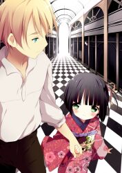  1boy black_hair blonde_hair blue_eyes checkered_floor claude_claudel commentary_request female green_eyes hallway holding_hands ikoku_meiro_no_croisee japanese_clothes kimono shiratama_(shiratamaco) short_hair yune_(ikoku_meiro_no_croisee) 