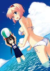  2girls :d alice_margatroid arms_up ass ball bare_back bare_shoulders beachball bikini black_hair blonde_hair blue_eyes blush breasts brown_eyes commentary_request flat_chest frilled_bikini frills from_behind hair_tubes hairband hakurei_reimu large_breasts long_hair looking_back lowleg lowleg_bikini multiple_girls name_tag ocean one-piece_swimsuit open_mouth photoshop_(medium) ponytail school_swimsuit short_hair side-tie_bikini_bottom sideboob sidelocks smile strap_gap swimsuit touhou underboob uro_(urotanc) wading water 