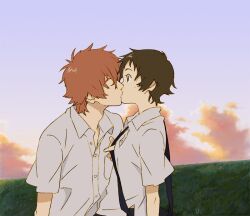  1boy bag brown_hair closed_eyes cloud commentary_request couple female grass kissing konno_makoto mako_(macomaco7) mamiya_chiaki profile sadamoto_yoshiyuki_(style) school_uniform short_hair straight surprised sweat toki_wo_kakeru_shoujo 