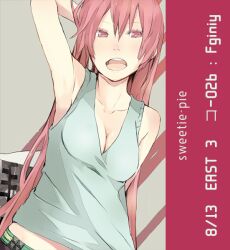  arm_behind_head arm_up armpits bad_id bad_pixiv_id bare_shoulders breasts cleavage collarbone female grey_tank_top long_hair looking_at_viewer medium_breasts megurine_luka open_mouth pink_eyes pink_hair round_teeth solo tank_top teeth upper_body upper_teeth_only very_long_hair vocaloid yoshito 