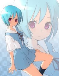  ayanami_rei bad_id bad_pixiv_id blue_hair female frown kikoeru neon_genesis_evangelion red_eyes school_uniform short_hair skirt solo zoom_layer 