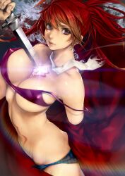  ao_no_exorcist black_shorts breasts commentary_request covered_nipples female highres kazakami_yuu kirigakure_shura large_breasts lips long_hair looking_at_viewer off_shoulder open_fly parted_lips ponytail purple_eyes red_hair short_shorts shorts solo strap_slip sword unzipped weapon 