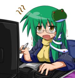  bespectacled commentary_request computer drawing_tablet female frog glasses green_hair honehone japanese_clothes kochiya_sanae kotatsu long_hair monitor snake solo stylus table touhou trembling yellow_eyes 