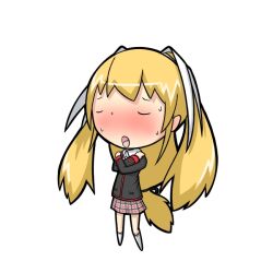  blonde_hair blush bow chibi closed_eyes commentary_request female hairbow kneehighs little_busters! little_busters!_school_uniform long_hair potaaju school_uniform simple_background skirt socks solo tokido_saya 