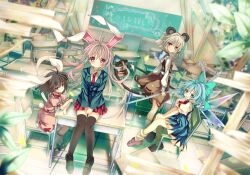  4girls animal_ears bad_id bad_pixiv_id basket black_legwear blue_dress blue_eyes blue_hair blush bow brown_hair capelet carrot carrot_necklace chair chalkboard cirno classroom desk dowsing_rod dress grey_hair hairbow inaba_tewi jewelry long_hair looking_at_viewer loose_socks mouse_(animal) mouse_ears mouse_tail multiple_girls nazrin necklace necktie open_mouth pendant petals photoshop_(medium) pink_dress pink_hair plant purple_eyes rabbit_ears rabbit_tail red_eyes reisen_udongein_inaba shino_(eefy) shirt short_hair sitting skirt skirt_set smile socks standing tail thighhighs touhou translated v_arms wind wings zettai_ryouiki 