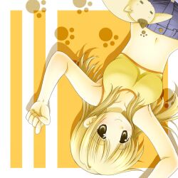  armpits blonde_hair breasts denim feline female hidamari_sketch long_hair medium_breasts miyako_(hidamari_sketch) nashigami_tsubute navel paw_print photoshop_(medium) smile solo sports_bra upside-down 