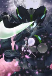  bad_id bad_pixiv_id black_thighhighs cherry_blossoms dual_wielding female green_eyes hair_ribbon highres hitodama holding katana konpaku_youmu konpaku_youmu_(ghost) kumonji_aruto mecha moon ribbon robot scabbard sheath short_hair solo sword thighhighs touhou weapon white_hair 