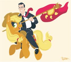  applejack_(mlp) clothing crossover equid equine eyewear female flag friendship_is_magic glasses hasbro hat headgear headwear horse human male mammal mount my_little_pony necktie pony saddle stephen_colbert suit topshot warm_colors 