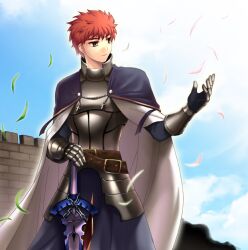  1boy arisu_shiria armor arondight_(fate) blue_cloak breastplate castle cloak cropped cross cuirass day emiya_shirou fate/stay_night fate_(series) faulds gauntlets gimp_(medium) hand_on_hilt hand_up male_focus orange_eyes orange_hair planted planted_sword solo sword two-sided_cloak two-sided_fabric weapon white_cloak 