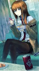  black_shorts can crossed_legs dr_pepper eating female food fork fura jacket long_hair makise_kurisu nissin_cup_noodle noodles pantyhose pantyhose_under_shorts shorts sitting solo steins;gate 