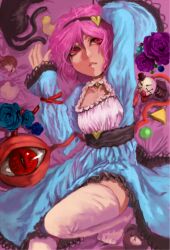  alternate_costume bad_id bad_pixiv_id ball bed blue_flower blue_rose eyeball female flower frills hairband heart jack-in-the-box john_marica kaenbyou_rin kaenbyou_rin_(cat) komeiji_satori lips lying on_back pink_hair purple_eyes purple_flower purple_rose red_eyes rose rubber_duck sash short_hair sleeves_past_wrists slit_pupils solo stuffed_animal stuffed_toy teddy_bear thighhighs third_eye touhou toy toy_block white_thighhighs 