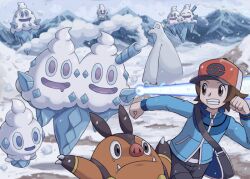  1boy bear beartic brown_eyes brown_hair chasing drinking_straw food hat hilbert_(pokemon) ice ice_cream ice_cream_cone pig pignite pokemoa pokemon pokemon_(creature) pokemon_bw running short_hair snow vanillish vanillite vanilluxe 