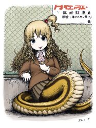  :p blonde_hair blue_eyes blush commentary_request curly_hair dated female fence food hair_bobbles hair_ornament ice_cream lamia leaning_on_self monster_girl no_nose original satou_ikken school_uniform solo tongue tongue_out translated 