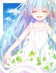  aqua_hair bad_id bad_pixiv_id closed_eyes cloud clover day dress female hair_ribbon hatsune_miku highres hoshiyui_tsukino long_hair open_mouth ribbon sky solo twintails very_long_hair vocaloid 