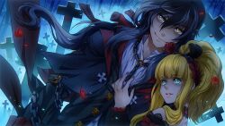  1boy blonde_hair blue_eyes chains commentary_request couple cross elyse_(sound_horizon) female long_hair maerchen_(sound_horizon) marchen_von_friedhof photoshop_(medium) sound_horizon straight yellow_eyes zhuo_mi 